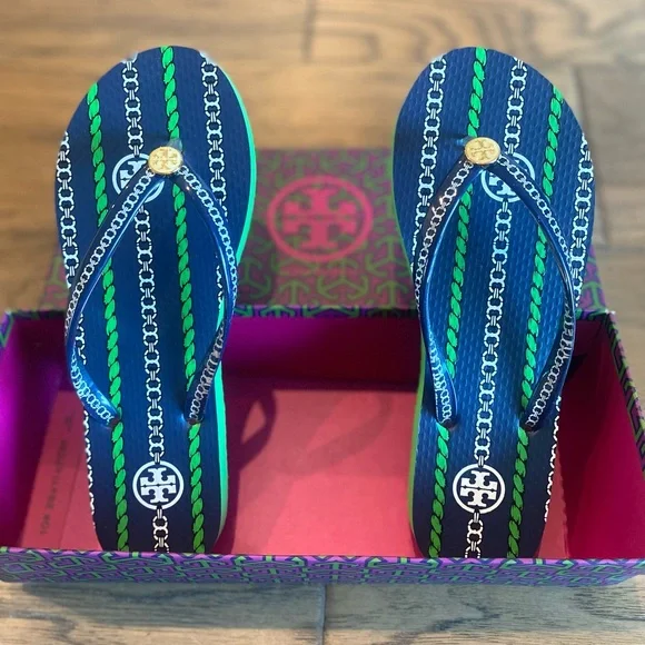 New Tory Burch Navy Sea Gemeni Rope Spring Green Flip Flops Size 6 Style 38959 - Picture 2 of 9